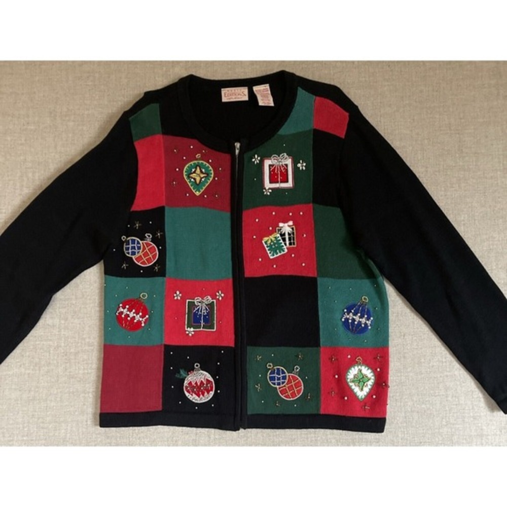 VTG 90s Basic Editions Ugly Christmas Cardigan Sweater Women XL Black Red‎